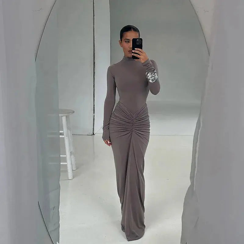 Elegant Sexy Long Dress Women Slim Round Neck Long Sleeves Fold Robe Female 2024 Fashion Solid Party Evening Dresses Lady Élixir Haute