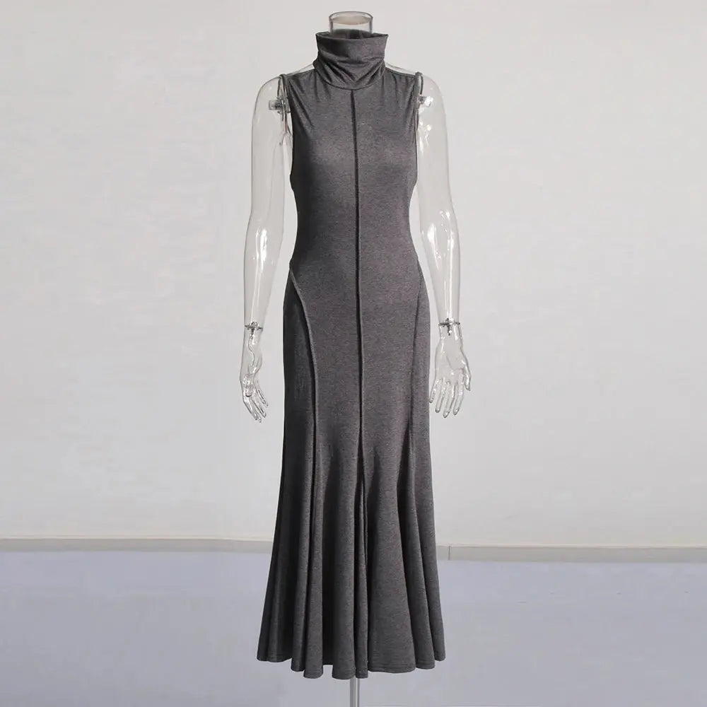 Solid Patchwork Folds Slimming Dresses For Women Turtleneck Sleeveless Backless High Waist Temperament Long Dress Female New Élixir Haute