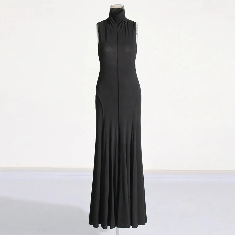 Solid Patchwork Folds Slimming Dresses For Women Turtleneck Sleeveless Backless High Waist Temperament Long Dress Female New Élixir Haute