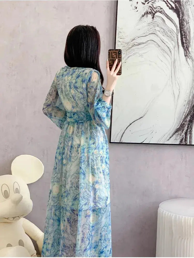 Formal Dresses For Women 2023 Summer New Slim Waist Blue Oil Painting Elegant Party Prom Long Dress Female Luxury Evening Robe Élixir Haute