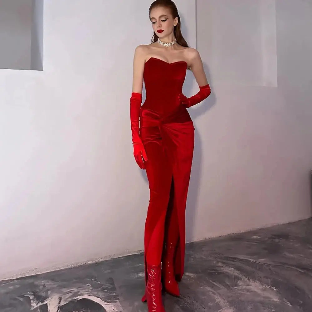 Tuularose Sexy Backless Red Dress Women's Fashion Strapless Sleeveless Slim Robe Sexy Party Club Luxury Retro Slit Long Dress Élixir Haute