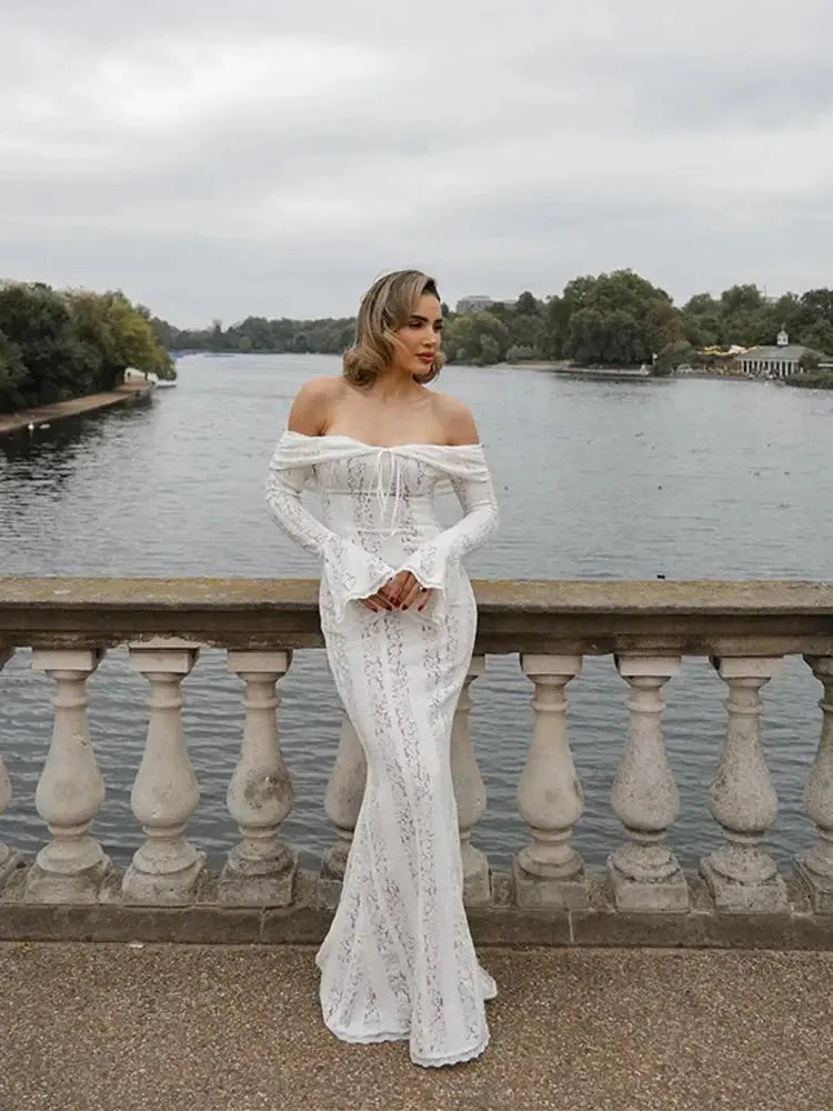 Hollow Out Lace Backless Slim Long Dress Women Strapless Lace Up Off Shoulder Dresses Chic 2025 New Sexy Female Party Club Robes Élixir Haute