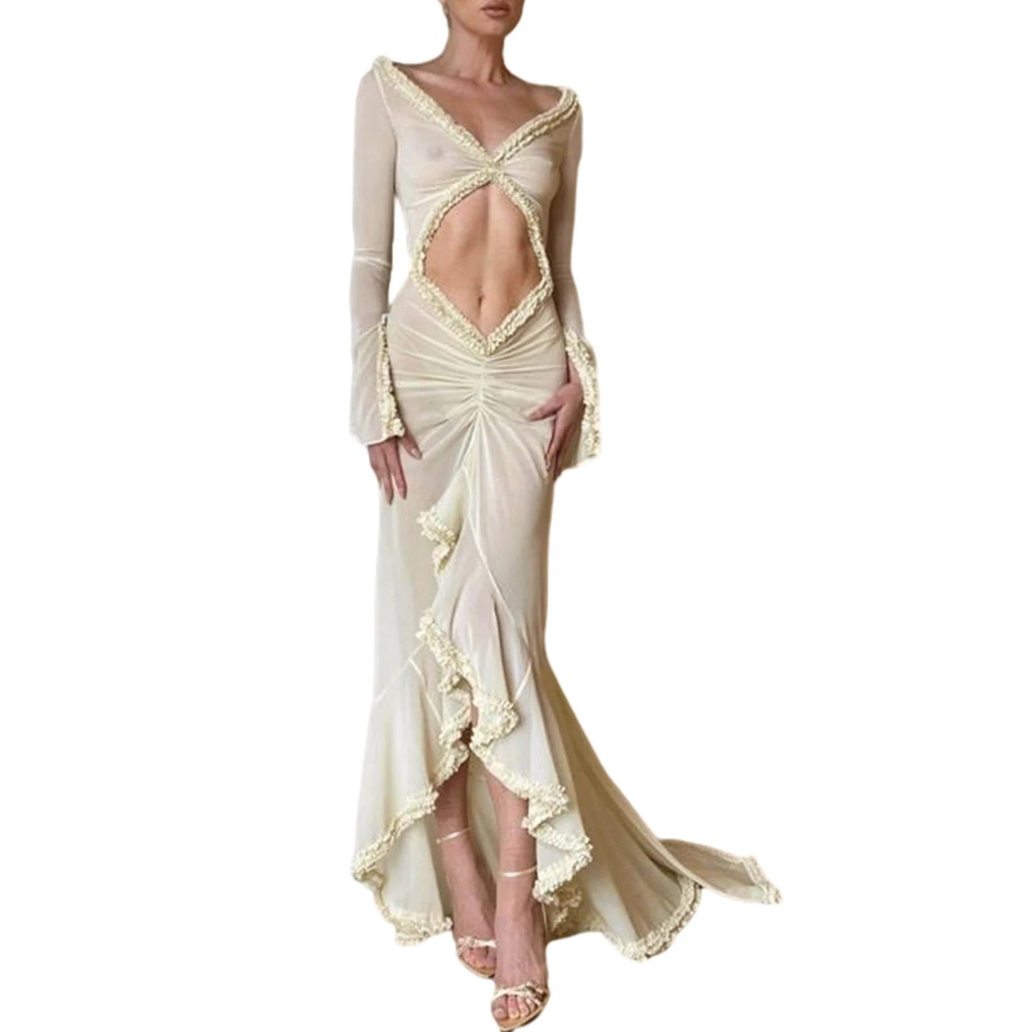 Women's Babydoll Lingerie Mesh Sheer Long Dress Sexy See-Through Long Sleeve Frill Trim V Neck Cutout Long Gown Night Dress Élixir Haute