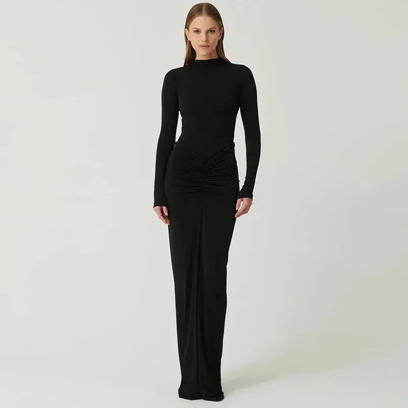 Elegant Sexy Long Dress Women Slim Round Neck Long Sleeves Fold Robe Female 2024 Fashion Solid Party Evening Dresses Lady Élixir Haute