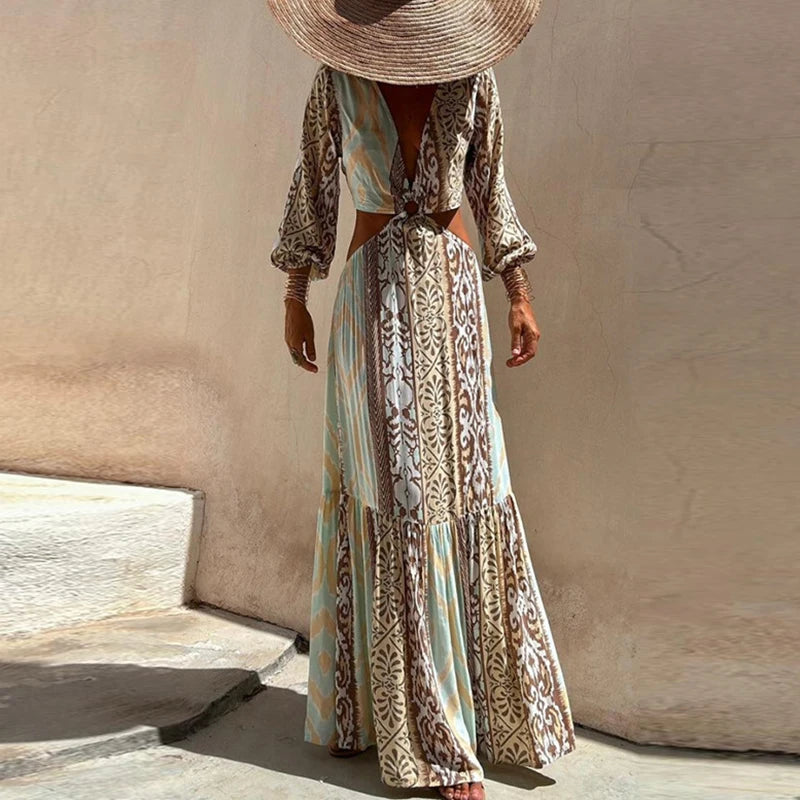 Women 2024 Waist Hollow Bohemian Dress Vintage Printed V-Neck Vacation Long Dress New Autumn Long Sleeve Backless A-line Dress Élixir Haute