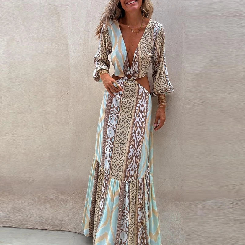 Women 2024 Waist Hollow Bohemian Dress Vintage Printed V-Neck Vacation Long Dress New Autumn Long Sleeve Backless A-line Dress Élixir Haute