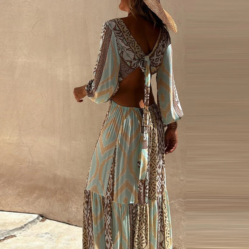 Women 2024 Waist Hollow Bohemian Dress Vintage Printed V-Neck Vacation Long Dress New Autumn Long Sleeve Backless A-line Dress Élixir Haute