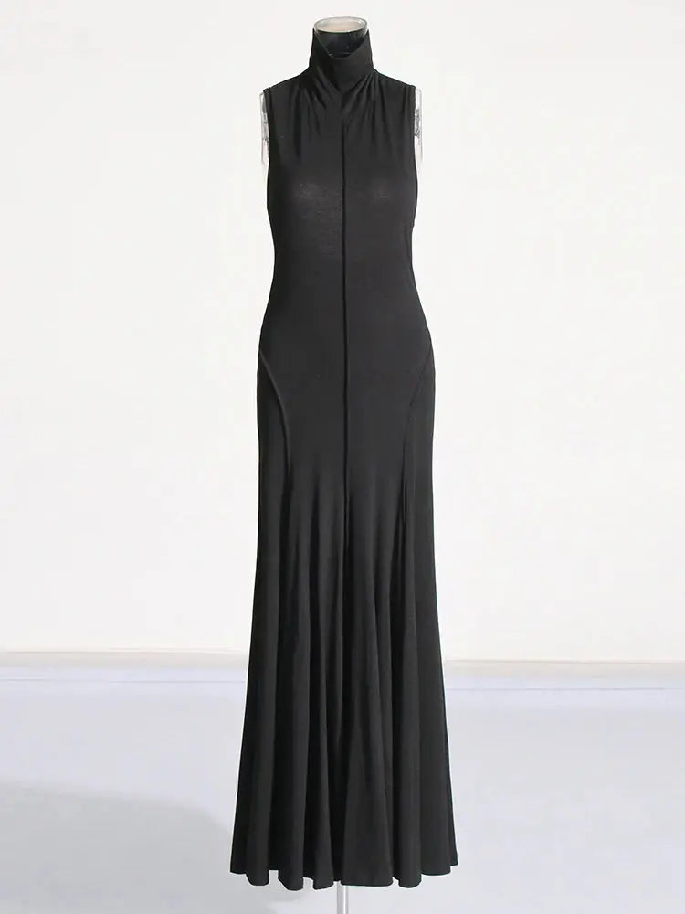 Solid Patchwork Folds Slimming Dresses For Women Turtleneck Sleeveless Backless High Waist Temperament Long Dress Female New Élixir Haute