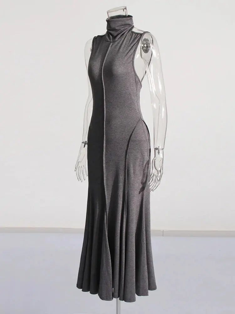 Solid Patchwork Folds Slimming Dresses For Women Turtleneck Sleeveless Backless High Waist Temperament Long Dress Female New Élixir Haute