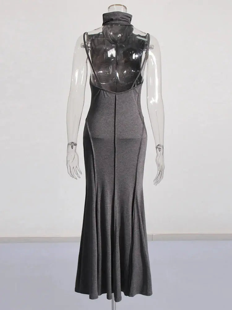 Solid Patchwork Folds Slimming Dresses For Women Turtleneck Sleeveless Backless High Waist Temperament Long Dress Female New Élixir Haute