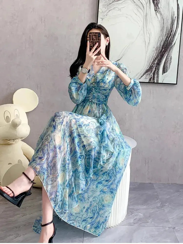 Formal Dresses For Women 2023 Summer New Slim Waist Blue Oil Painting Elegant Party Prom Long Dress Female Luxury Evening Robe Élixir Haute