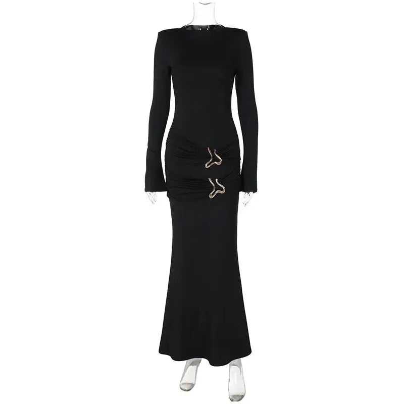 Elegant Sexy Long Dress Women Slim Round Neck Long Sleeves Fold Robe Female 2024 Fashion Solid Party Evening Dresses Lady Élixir Haute