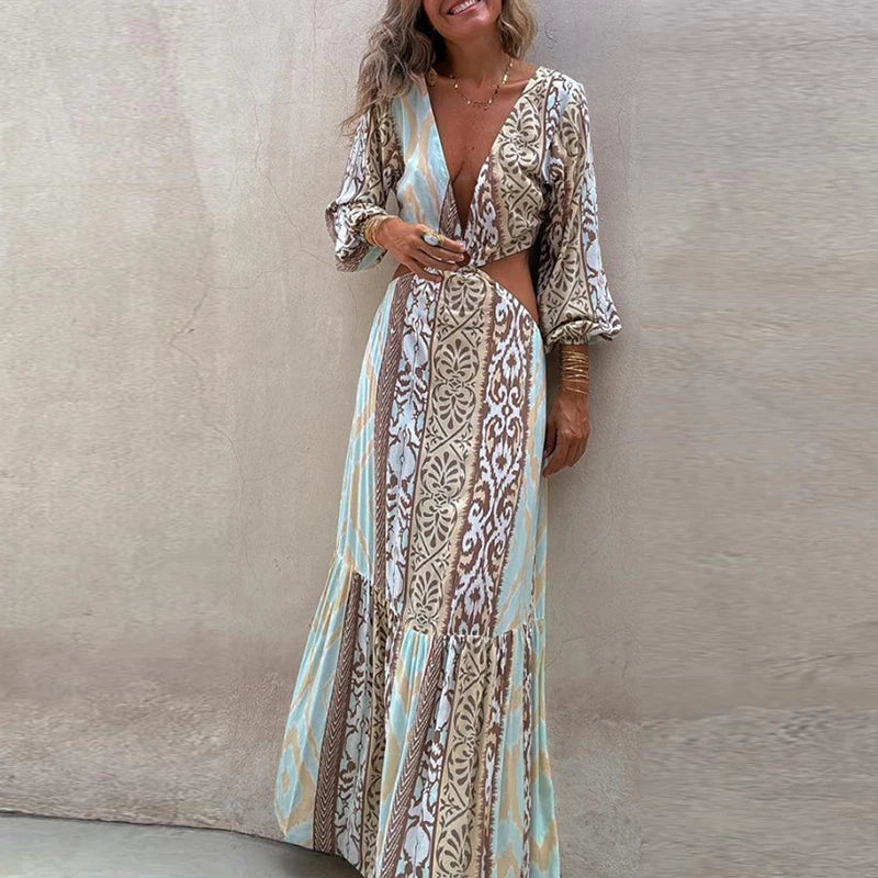 Women 2024 Waist Hollow Bohemian Dress Vintage Printed V-Neck Vacation Long Dress New Autumn Long Sleeve Backless A-line Dress Élixir Haute