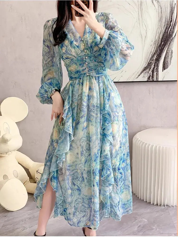 Formal Dresses For Women 2023 Summer New Slim Waist Blue Oil Painting Elegant Party Prom Long Dress Female Luxury Evening Robe Élixir Haute