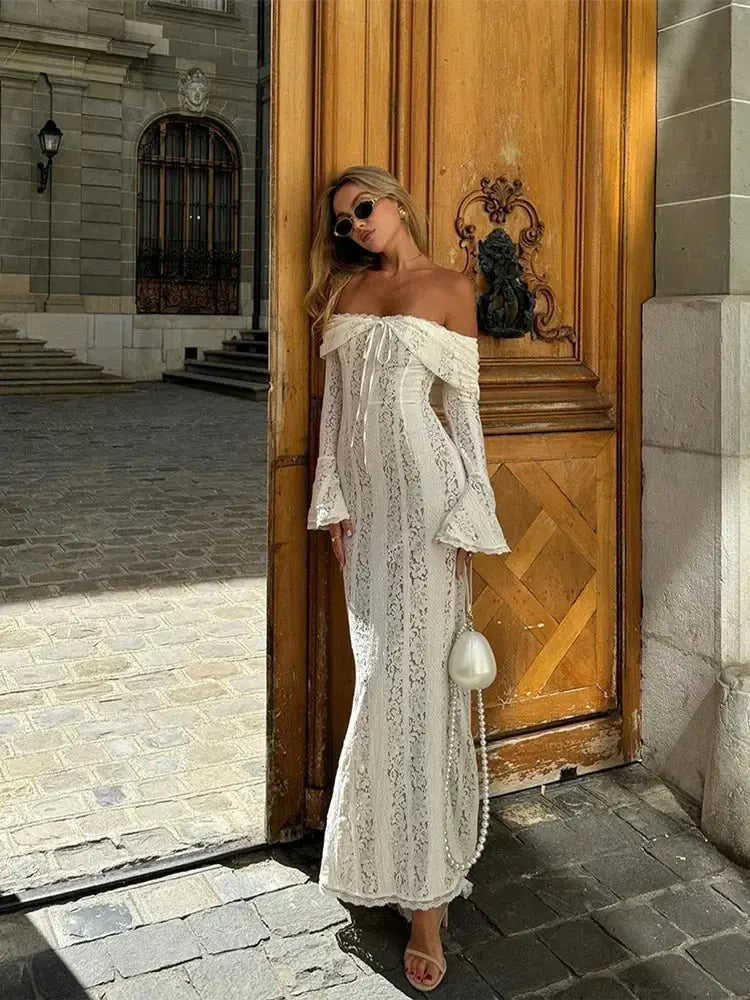 Hollow Out Lace Backless Slim Long Dress Women Strapless Lace Up Off Shoulder Dresses Chic 2025 New Sexy Female Party Club Robes Élixir Haute