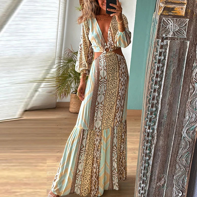 Women 2024 Waist Hollow Bohemian Dress Vintage Printed V-Neck Vacation Long Dress New Autumn Long Sleeve Backless A-line Dress Élixir Haute