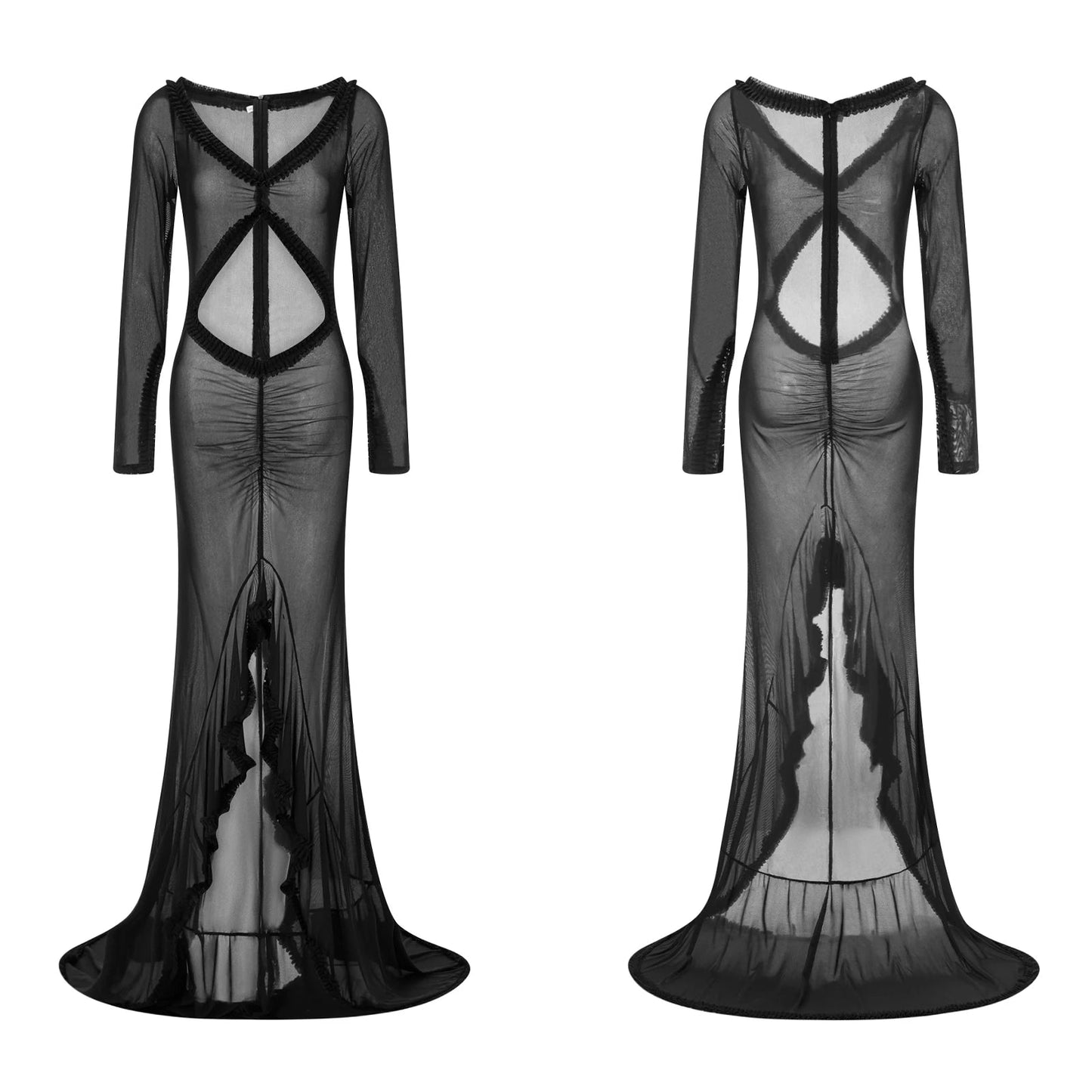 Women's Babydoll Lingerie Mesh Sheer Long Dress Sexy See-Through Long Sleeve Frill Trim V Neck Cutout Long Gown Night Dress Élixir Haute