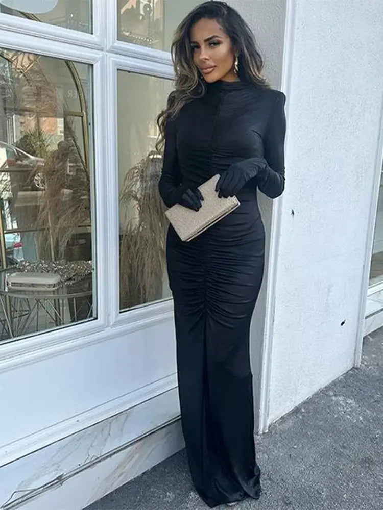 Elegant Sexy Long Dress Women Slim Round Neck Long Sleeves Fold Robe Female 2024 Fashion Solid Party Evening Dresses Lady Élixir Haute