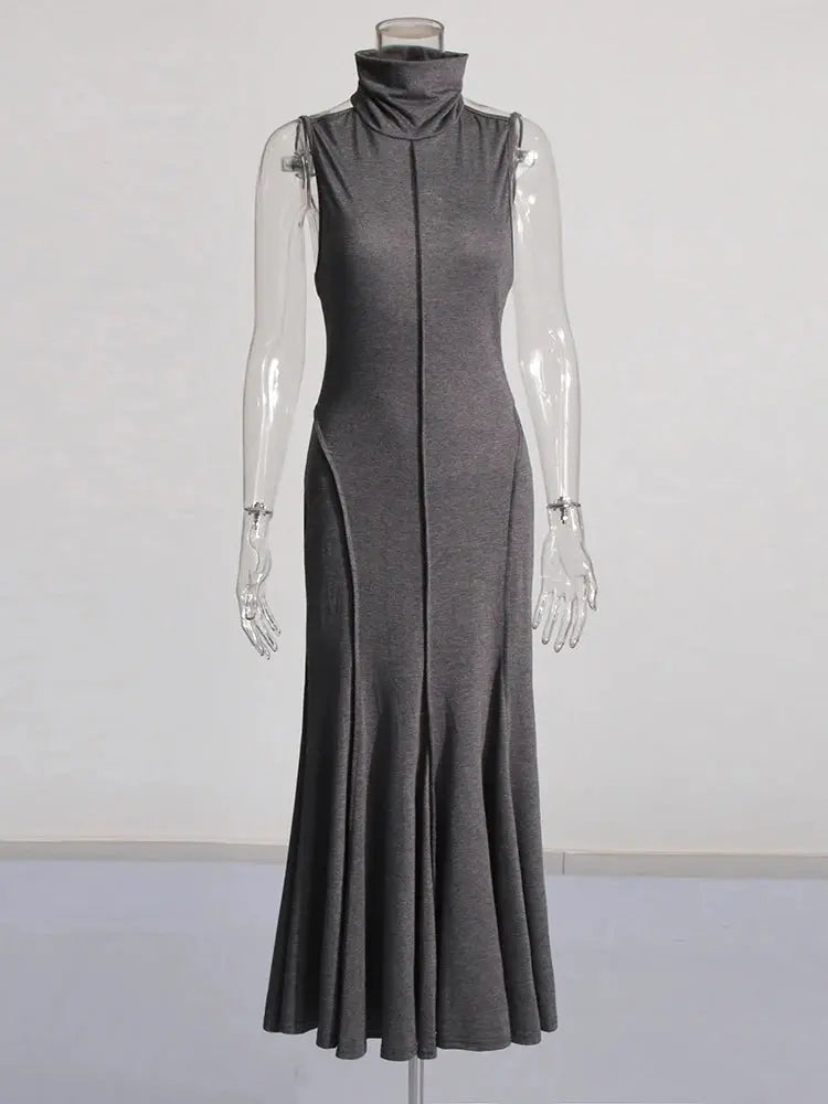 Solid Patchwork Folds Slimming Dresses For Women Turtleneck Sleeveless Backless High Waist Temperament Long Dress Female New Élixir Haute