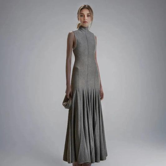 Solid Patchwork Folds Slimming Dresses For Women Turtleneck Sleeveless Backless High Waist Temperament Long Dress Female New Élixir Haute