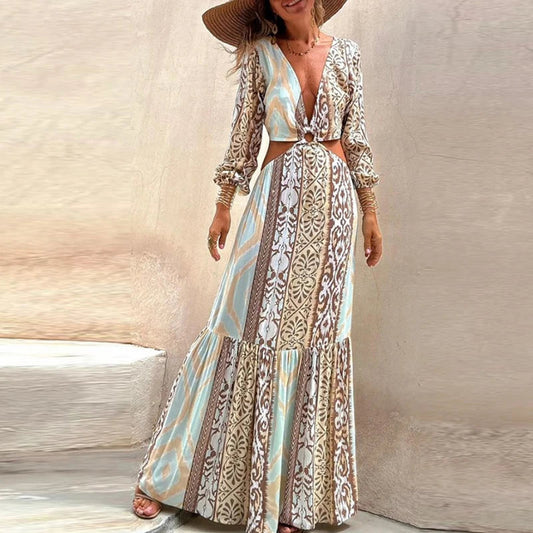 Women 2024 Waist Hollow Bohemian Dress Vintage Printed V-Neck Vacation Long Dress New Autumn Long Sleeve Backless A-line Dress Élixir Haute
