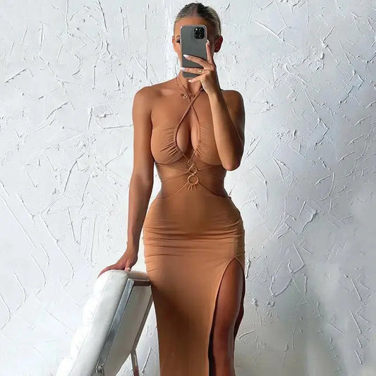 European and American summer Amazon women's party dress Y2k sexy hollow lace up high slit long dress for women Élixir Haute