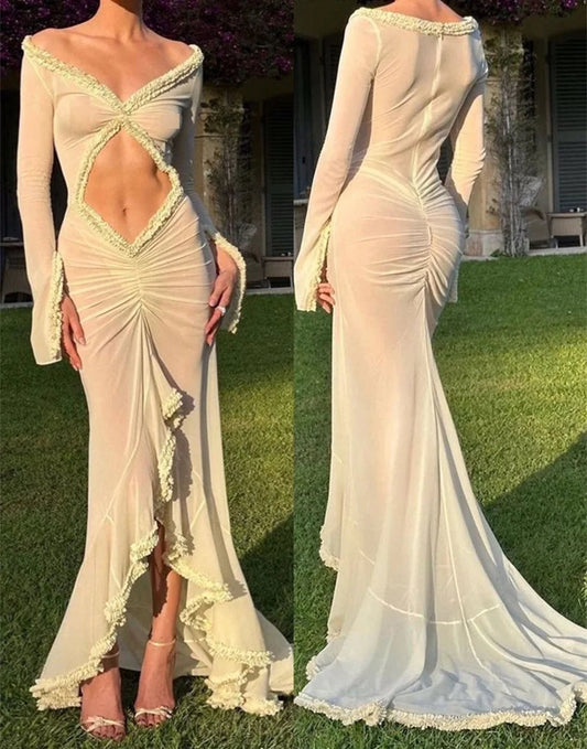Women's Babydoll Lingerie Mesh Sheer Long Dress Sexy See-Through Long Sleeve Frill Trim V Neck Cutout Long Gown Night Dress Élixir Haute