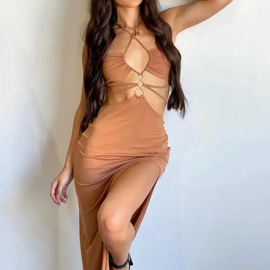 European and American summer Amazon women's party dress Y2k sexy hollow lace up high slit long dress for women Élixir Haute