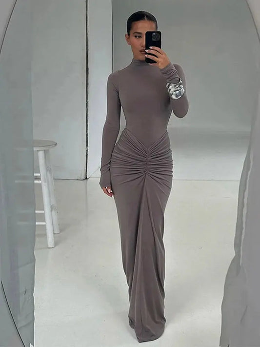 Elegant Sexy Long Dress Women Slim Round Neck Long Sleeves Fold Robe Female 2024 Fashion Solid Party Evening Dresses Lady Élixir Haute