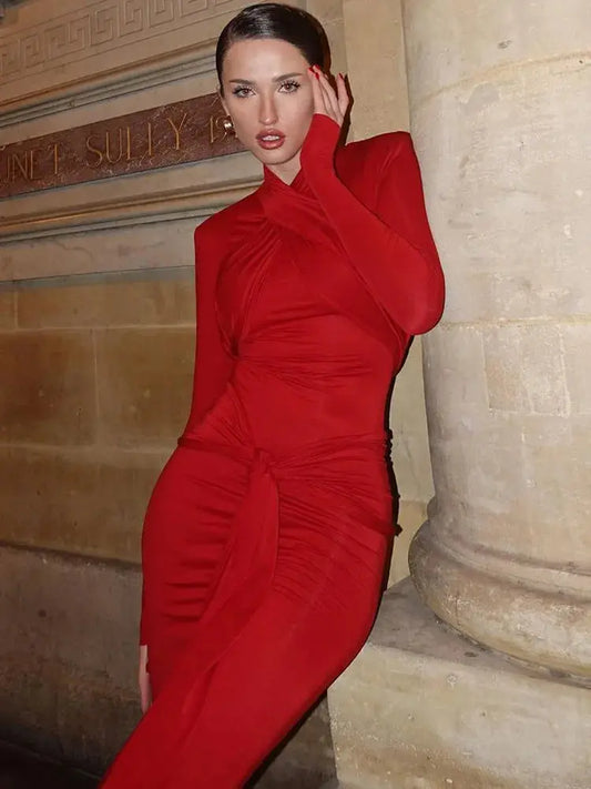 Fahion Evening Dress Bandage Stand Collar Long Sleeve Bodycon Solid Vintage Autumn Elegant Long Dress Y2K Streetwear Party Dress Élixir Haute