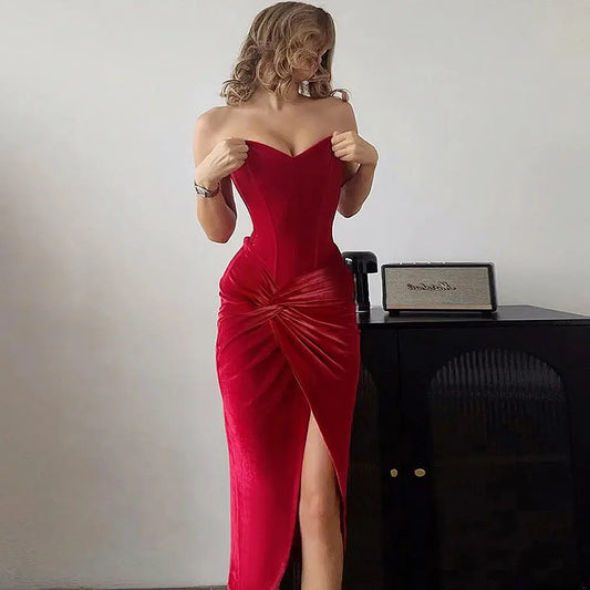 Tuularose Sexy Backless Red Dress Women's Fashion Strapless Sleeveless Slim Robe Sexy Party Club Luxury Retro Slit Long Dress Élixir Haute