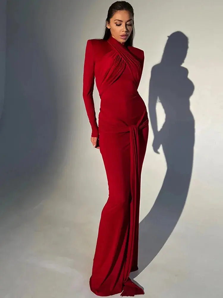 Fahion Evening Dress Bandage Stand Collar Long Sleeve Bodycon Solid Vintage Autumn Elegant Long Dress Y2K Streetwear Party Dress Élixir Haute