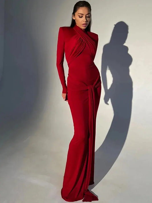 Fahion Evening Dress Bandage Stand Collar Long Sleeve Bodycon Solid Vintage Autumn Elegant Long Dress Y2K Streetwear Party Dress Élixir Haute