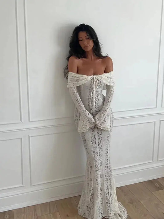 Hollow Out Lace Backless Slim Long Dress Women Strapless Lace Up Off Shoulder Dresses Chic 2025 New Sexy Female Party Club Robes Élixir Haute