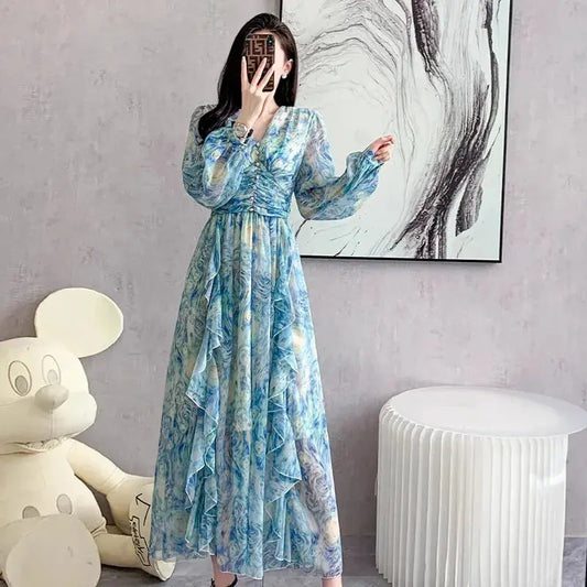 Formal Dresses For Women 2023 Summer New Slim Waist Blue Oil Painting Elegant Party Prom Long Dress Female Luxury Evening Robe Élixir Haute