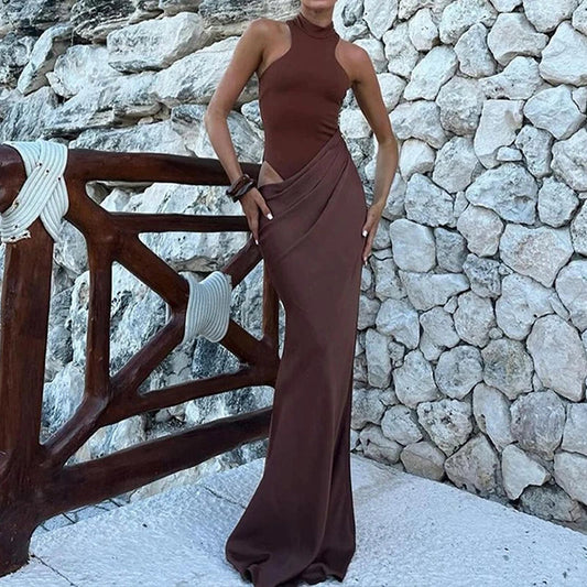 Elegant O-neck Sleeveless Slim Long Dress Women Sexy Hollow Out Pleated Solid Color Party Dress Fashion Patchwork Evening Dress Élixir Haute