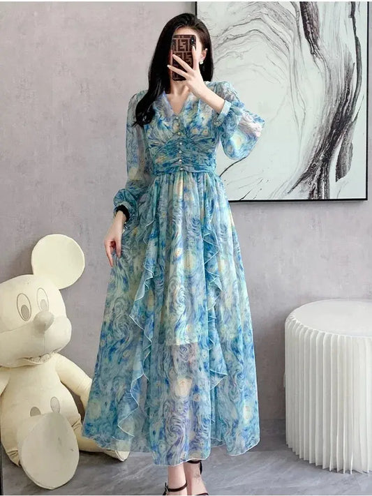 Formal Dresses For Women 2023 Summer New Slim Waist Blue Oil Painting Elegant Party Prom Long Dress Female Luxury Evening Robe Élixir Haute