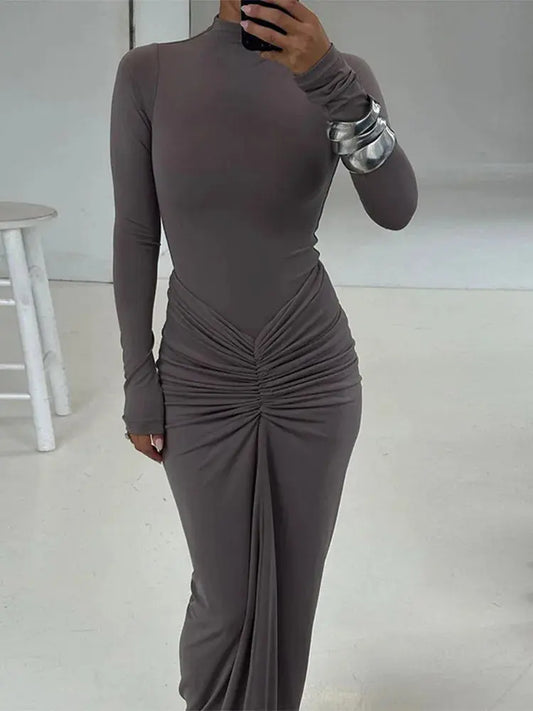 Elegant Sexy Long Dress Women Slim Round Neck Long Sleeves Fold Robe Female 2024 Fashion Solid Party Evening Dresses Lady Élixir Haute