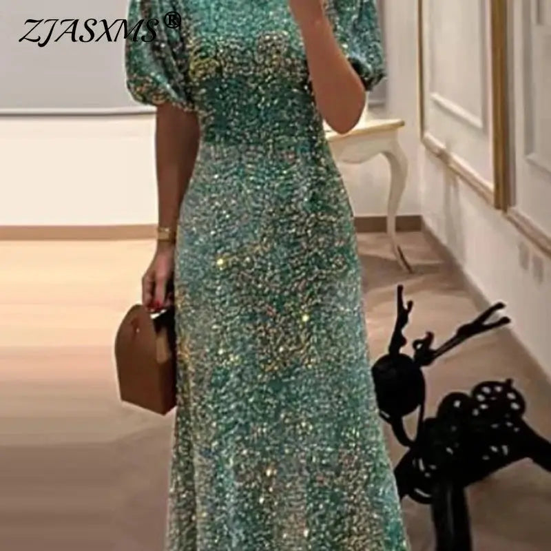 Green Fashion Glitter Sequin Shiny Party Dress Women Sexy O Neck Slim Fit Long Dress 2025 Spring Summer Puff Sleeve Boho Dresses Élixir Haute